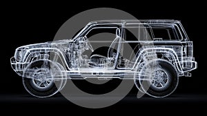 Digital 3d wireframe model of off-road car for automotive design and engineering visualization