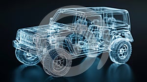 Digital 3d wireframe model of off-road car for automotive design and engineering visualization
