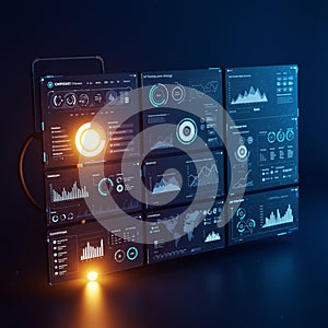 A digital dashboard array displays multiple data visualizations on a dark background.