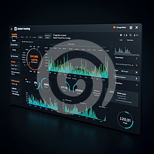 Digital dashboard with a dark theme displaying various data visualizations, including