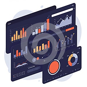 A digital dashboard with a dark theme displays multiple interactive charts and graphs