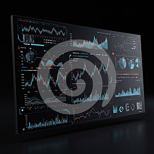 A digital dashboard display features multiple data visualizations, including bar graphs,