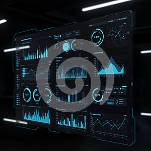 A digital dashboard display features various data visualizations, including bar charts,