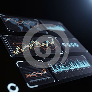 Digital dashboard display featuring multiple analytical graphs in a futuristic design.