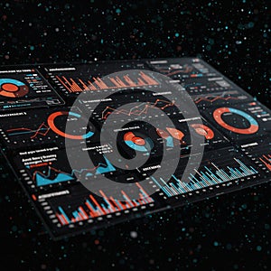 Digital dashboard display featuring various data visualizations against a dark