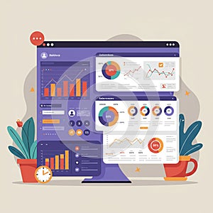 A digital dashboard displayed on a large screen shows various data visualizations,