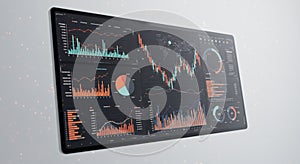 A digital dashboard displaying a complex array of data visualizations and charts. The
