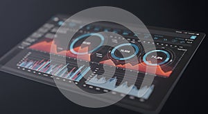 A digital dashboard displaying data visualizations, including line graphs, bar charts,