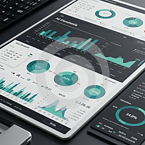 Digital dashboard displaying data visualizations on a tablet device. Features include