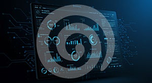A digital dashboard displaying multiple data visualizations, including bar graphs, pie