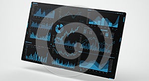 A digital dashboard displaying multiple data visualizations, including line graphs, bar