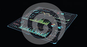 A digital dashboard displaying multiple data visualizations on a sleek black interface.