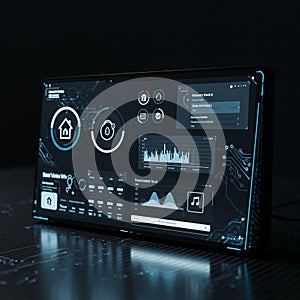 A digital dashboard displaying a sleek, futuristic user interface with various icons and