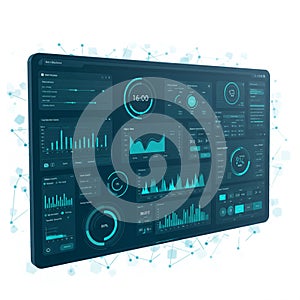 Digital dashboard displaying various analytical data visualizations. Features multiple