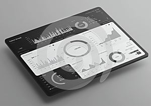 Digital dashboard displaying various analytics elements, including line charts, bar