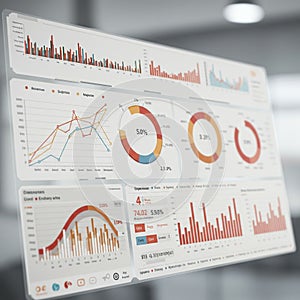 A digital dashboard displaying various business analytics, featuring line graphs, bar