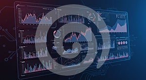 Digital dashboard displaying various data analytics. Multiple charts and graphs,