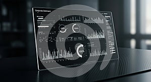 A digital dashboard displaying various data analytics on a sleek, dark interface,