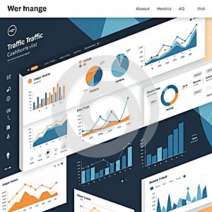 Digital dashboard displaying various data visualizations including bar charts, line