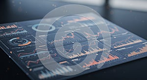 Digital dashboard displaying various data visualizations, including bar charts, line