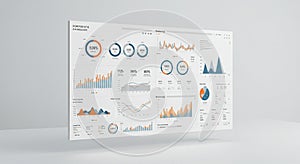 A digital dashboard displaying various data visualizations, including bar charts, line