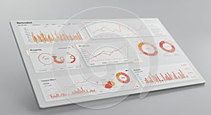 A digital dashboard displaying various data visualizations, including bar graphs, pie