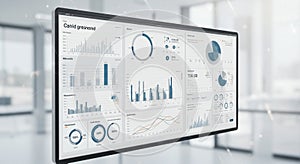 Digital dashboard displaying various data visualizations, including bar graphs, pie