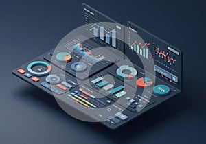 Digital dashboard displaying various data visualizations, including bar graphs, pie