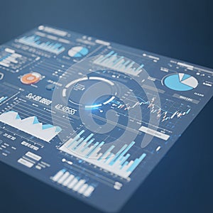 Digital dashboard displaying various data visualizations, including bar graphs, pie