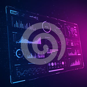 Digital dashboard displaying various data visualizations including bar graphs, pie