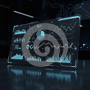 A digital dashboard displaying various data visualizations, including line graphs, bar