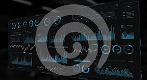 Digital dashboard displaying various data visualizations, including line graphs, bar