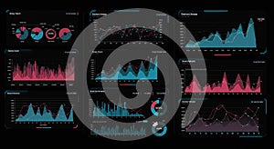 A digital dashboard displaying various data visualizations, including line graphs, bar