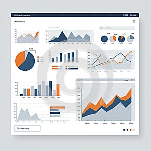 A digital dashboard displaying various data visualizations including pie charts, bar