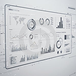 A digital dashboard displaying various data visualizations, including world maps, pie