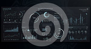 A digital dashboard displaying various data visualizations and infographics. Features