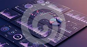 Digital dashboard displaying various graphs, charts, and data visualizations. The