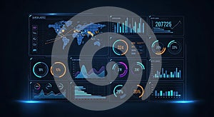 Digital Dashboard Displays Global Data Analytics and Business Insights