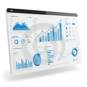 A digital dashboard displays multiple data visualizations, including bar charts, pie