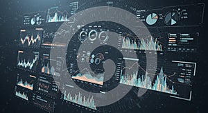 A digital dashboard displays multiple data visualizations, including line graphs, bar