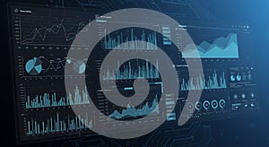 A digital dashboard displays multiple data visualizations, including line graphs, bar