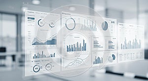 A digital dashboard displays various analytics and data visualizations on a