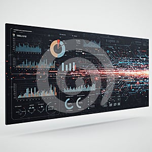Digital dashboard displays various data visualizations, including bar charts, pie charts,