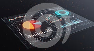 A digital dashboard displays various data visualizations, including pie charts, bar