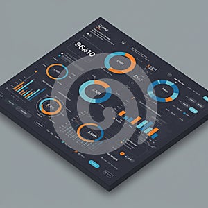 A digital dashboard features multiple data visualization elements, including pie charts,