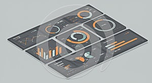 A digital dashboard features various data visualization elements, including bar graphs,