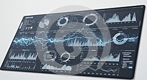A digital dashboard features various data visualization elements, including pie charts,