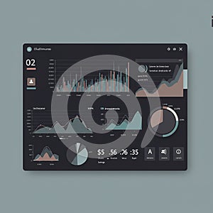 Digital dashboard featuring a dark interface with colorful graphs, charts, and data