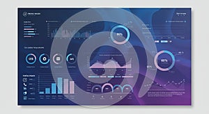 A digital dashboard featuring data visualizations, including bar graphs, line charts, an
