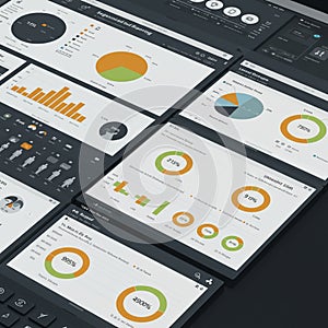Digital dashboard featuring multiple data analytics panels. Displays include pie charts,